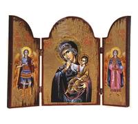 Triptyque Icône en Bois Fait Main, Chrétienne orthodoxe Grecque, Representant Jésus Christ et la Vierge Marie & Archangel Michel et Gabriel / 2AT