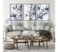 Triptyque minimaliste en toile, style encre, composé de 3 toiles représentant des plantes, dans les tons bleus et beiges. Décoration murale rétro pour salon ou chambre (21 x 30 x 3 cm, sans cadre).