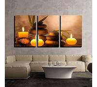 Triptyque Sans Cadre en Toile Salon Contemporain Impression HD Nature morte de spa avec des bougies parfumées et des pierres zen Decoration Murale Chambre Salle De Bain Cuisine (40 x 60cm x3)