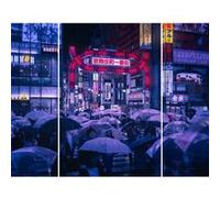 Triptyque sur toile Tokyo blue rain 125x97 cm CEANOTHE Décoration Murale Art Décoratif Muraux Peinture Imprimée en HD Salon Chambre Bureau Fabriqué en France Violet G