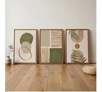 Triptyque Tableaux Abstraits Nature-Impression sur Toile Murale Moderne Vert et Terracotta-avec Cadre Flottant
