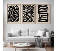 Triptyque Tableaux Abstraits Noir et Beige-Impression sur Toile Murale Botanique Moderne avec Cadre Flottant