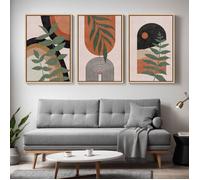 Triptyque Tableaux Botaniques Abstraits Mid-Century Tons Terre - Décoration Murale- 41x61cm - cadre flottant