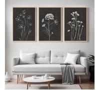 Triptyque Tableaux Botaniques Minimalistes-Impression sur Toile Murale Noir et Blanc avec Cadre Flottant