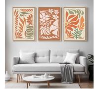Triptyque Tableaux Floraux Vintage Terracotta-Impression sur Toile Murale Botanique Bohème 41x61 cm avec Cadre Flottant