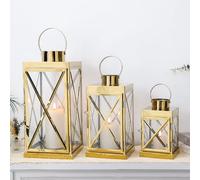 TRIROCKS Ensemble de 3 Lanternes en Acier Inoxydable - Élégance Carrée 40, 31 et 21 cm Porte-Bougies Métalliques avec Poignée et Verre Clair pour Décor Extérieur Célébration (Or)