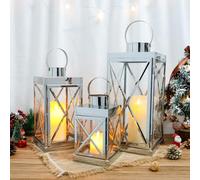 TRIROCKS Ensemble de 3 Lanternes en Acier Inoxydable - Élégance Carrée 40, 31 et 21 cm Porte-Bougies Métalliques avec Poignée et Verre Clair pour Décor Extérieur Célébration (Argent)