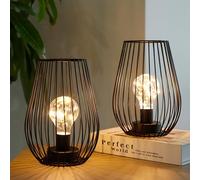 TRIROCKS Lampe de Table Métallique Sans Fil 20cm, Set de 2 Lanternes en Forme de Cage à Piles avec Ampoule Lumières Féériques pour Intérieur/Extérieur, Noël, Mariages (Noir)