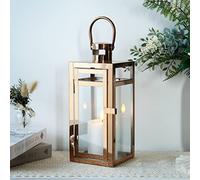 TRIROCKS Lanterne Décorative en Acier Inoxydable 30 cm Haut, Porte-Bougie Métallique avec Verre Clair, Parfait pour Décor Maison, Salon, Soirées, Tablette, Intérieur/Extérieur (Or Rose)