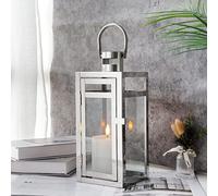 TRIROCKS Lanterne Décorative en Acier Inoxydable 30 cm Haut, Porte-Bougie Métallique Suspendu avec Verre Clair, Parfait pour Décor Maison, Salon, Soirées, Tablette, Intérieur/Extérieur (Argent)