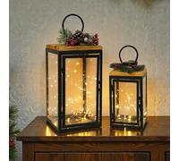 TRIROCKS Lot de 2 grandes lanternes à bougie modernes en métal noir ouragan pour intérieur et extérieur - Lanternes de sol vintage pour décoration de maison, cheminée, patio, porche, jardin, table de