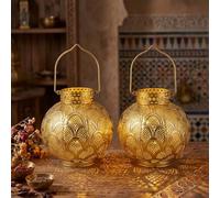 TRIROCKS Lot de 2 lampes de table marocaines à piles, lanternes sans fil en métal doré de 28 cm avec ampoule LED incluse, à suspendre ou décoration de table pour salon, fête de mariage