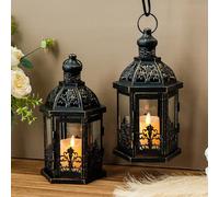 TRIROCKS Lot de 2 lanternes à bougie décoratives en métal noir parfaites pour jardin, cour, terrasse