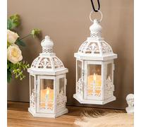 TRIROCKS Lot de 2 lanternes décoratives vintage à suspendre en métal avec verre trempé pour intérieur ou extérieur, décoration d'intérieur, fêtes, événements de jardin, mariages (blanc avec brosse