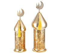 TRIROCKS Lot de 2 lanternes Ramadan de 29 cm et 36 cm - Bougeoirs électriques dorés avec minuterie - Lanternes décoratives vintage en métal pour décoration intérieure et extérieure - Cadeau parfait