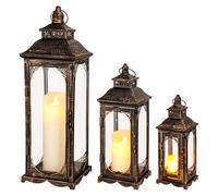 TRIROCKS Lot de 3 lanternes à bougie vintage 26/35/50 cm de hauteur en métal avec verre trempé pour la maison, le salon, le jardin, la cour, les fêtes, événements, intérieur et extérieur (noir)