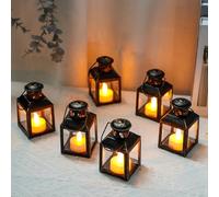 TRIROCKS Lot de 6 petites lanternes à bougie en métal vintage à suspendre pour table, Saint-Valentin, terrasse, intérieur et extérieur (noir avec brosse dorée)