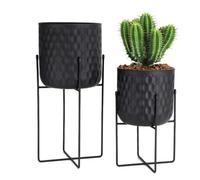 TRIROCKS Set de 2 Jardinières Métalliques Modernes avec Support 31cm & 45cm, Pots de Fleurs pour Intérieur/Extérieur, Décor Cuisine, Salon, Balcon, Patio (Noir)