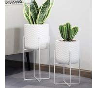 TRIROCKS Set de 2 Jardinières Métalliques Modernes avec Support 31cm & 45cm, Pots de Fleurs pour Intérieur/Extérieur, Décor Maison, Jardin, Balcon, Patio (Blanc)
