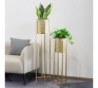 TRIROCKS Set de 2 Jardinières Métalliques Modernes Dorées avec Support 104 & 74 cm Haut pour Plantes, Pots de Fleurs pour Salon, Jardin, Balcon, Patio