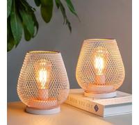 TRIROCKS Set de 2 lampes à piles en métal 17cm de haut en forme de cage métallique Lampe de table sans fil Lanternes à piles avec ampoule LED Edsion pour Fêtes de mariage Intérieur Extérieur (Rose)
