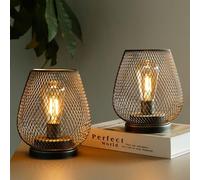 TRIROCKS Set de 2 lampes à piles métalliques 17cm de haut en forme de cage métallique Lampe de table sans fil Lanternes à piles avec ampoule LED Edsion pour jardin intérieur extérieur (Marron)