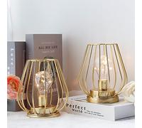 TRIROCKS Set de 2 Lampes de Table Métalliques 17 cm Haut, Lanternes Mini Cage Sans Fil Alimentées par Batterie avec Lumières LED Féériques pour Jardin, Mariage, Soirées, Intérieur/Extérieur (Or)