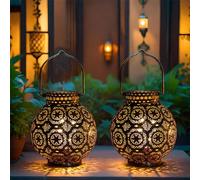 TRIROCKS Set de 2 Lampes de Table Métalliques de Style Marocain 18 cm Haut, Lanternes Sans Fil Alimentées par Batterie avec Lumières LED Féériques pour Salon, Tablette, Intérieur (Marron)