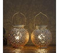 TRIROCKS Set de 2 Lampes de Table Métalliques de Style Marocain 18 cm Haut, Lanternes Sans Fil Alimentées par Batterie avec Lumières LED Féériques pour Salon, Tablette, Intérieur (Blanc)