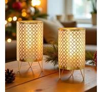 TRIROCKS Set de 2 Lanternes à Piles 23 cm Haut avec Minuterie 6H, Porte-bougie Sans Fil pour Salon, Mariage, Soirées, Patio, Événements Intérieur/Extérieur (Or)