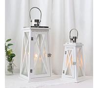 TRIROCKS Set de 2 Lanternes en Bois de Style Ferme 55 cm & 40 cm Haut, Porte-Bougie Métallique Décoratif avec Verre Clair Trempé pour Patio, Jardin, Mariage, Soirées (Trapézoïde)