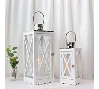TRIROCKS Set de 2 Lanternes en Bois de Style Ferme 63 cm & 46 cm Haut, Porte-Bougie Métallique Décoratif avec Verre Clair Trempé pour Patio, Jardin, Mariage, Soirées (Blanc Rectangulaire)
