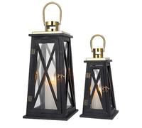 TRIROCKS Set de 2 Lanternes en Bois Décoratives 55 cm & 40 cm Haut, Porte-Bougies Rustiques en Métal avec Verre Trempé, Parfaites pour Noël, Patio, Mariage, Intérieur/Extérieur (Noir Trapézoïdal)