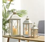 TRIROCKS Set de 3 Lanternes Décoratives 49/34/24 cm Haut, Porte-Bougie Métallique Suspendu avec Verre Trempé, Parfait pour Salon, Jardin, Patio, Soirées, Intérieur/Extérieur (Blanc)