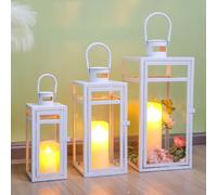 TRIROCKS Set de 3 Lanternes Décoratives Métalliques, Grande Porte-Bougie Suspendue Extérieure 48/38/30 cm avec Verre Trempé pour Décor Maison, Soirées, Jardin (Blanc Mat)