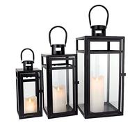 TRIROCKS Set de 3 Lanternes Décoratives Métalliques Suspendues 48/38/30 cm, Porte-Bougie Extérieur avec Verre Trempé pour Décor Maison, Jardin (Noir Mat)