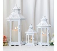 TRIROCKS Set de 3 Lanternes Décoratives pour Bougies 46, 33.5 et 24 cm Haut, Porte-Bougies Métalliques Vintage avec Verre Trempé pour Noël, Salon, Jardin, Patio, Intérieur/Extérieur (Blanc)