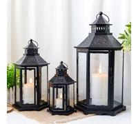 TRIROCKS Set de 3 Lanternes Décoratives pour Bougies 46, 33.5 et 24 cm Haut, Porte-Bougies Métalliques Vintage avec Verre Trempé pour Noël, Salon, Jardin, Patio, Intérieur/Extérieur (Noir)