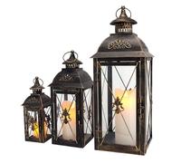 TRIROCKS Set de 3 Lanternes Décoratives pour Bougies 49/34/24 cm Haut, Porte-Bougie Métallique Vintage avec Verre Trempé, Idéale pour Salon, Jardin, Patio, Soirées, Intérieur/Extérieur (Noir)