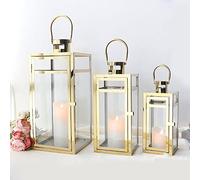 TRIROCKS Set de 3 Lanternes en Acier Inoxydable 48/38/30 cm Haut, Porte-Bougie avec Verre Clair, Parfait pour Décor Maison, Salon, Soirées (Or)