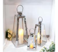 TRIROCKS Set de 3 Lanternes en Acier Inoxydable 54/40/27,5 cm Haut, Porte-Bougie Métallique avec Verre Trempé pour Décor Maison, Salon, Intérieur/Extérieur (Argent)