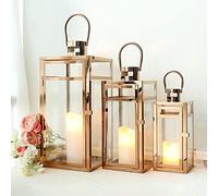 TRIROCKS Set de 3 Lanternes Métalliques en Acier Inoxydable 48/38/30 cm Haut, Porte-Bougie avec Verre Clair, Parfait pour Décor Maison, Salon, Soirées (Or Rose)