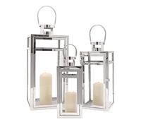 TRIROCKS Set de 3 Lanternes Métalliques en Acier Inoxydable Décoratives 48/38/30 cm Haut, Porte-Bougie Suspendu avec Verre Clair pour Décor Maison, Salon, Intérieur/Extérieur (Argent)