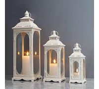 TRIROCKS Set de 3 Lanternes Vintage pour Bougies 26/35/50 cm Haut, Porte-Bougie Métalliques Décoratifs avec Verre Trempé pour Maison, Jardin, Soirées (Blanc Crème)