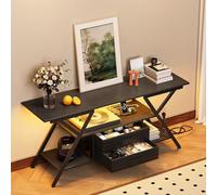 Trironsun Meuble TV rustique de 55" pour TV jusqu'à 165" avec prise de courant et lumière LED, 2 tiroirs de rangement en tissu, centre de divertissement pour chambre à coucher, salon (noir)