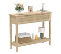 Trironsun Table console Boho en rotin avec 2 tiroirs, table d'entrée à 2 étages, table de salon de style ferme, table de canapé en bois avec étagère de stockage ouverte pour salon, couloir, hall