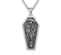 TRISHULA Santa Muerte Chaîne en argent sterling 925 avec pendentif tête de mort et faucheuse Collier saint patron amulette Chaîne Santa Muerte Bijoux Cadeau, Argent sterling