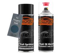 TRISTARcolor Peinture voiture Kit bombes de peinture 2K pour Peugeot KME Bleu D'Angers Metallic/Bleu Pompes Funebres Metallic Peinture de base 2 composants vernis clair aérosol