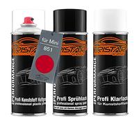 TRISTARcolor Peinture voiture Kit bombes de peinture pour pare-chocs en plastique pour Mini 851 Chili Red/Solar Red primaire d'adhérence peinture de base vernis clair avec plastifiant