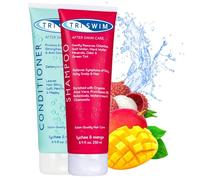 TRISWIM Ensemble de soins capillaires anti-chlore, shampoing et après-shampooing après la baignade, traitement capillaire anti-chlore pour les nageurs, élimine la teinte verte (250 + 250 ml)